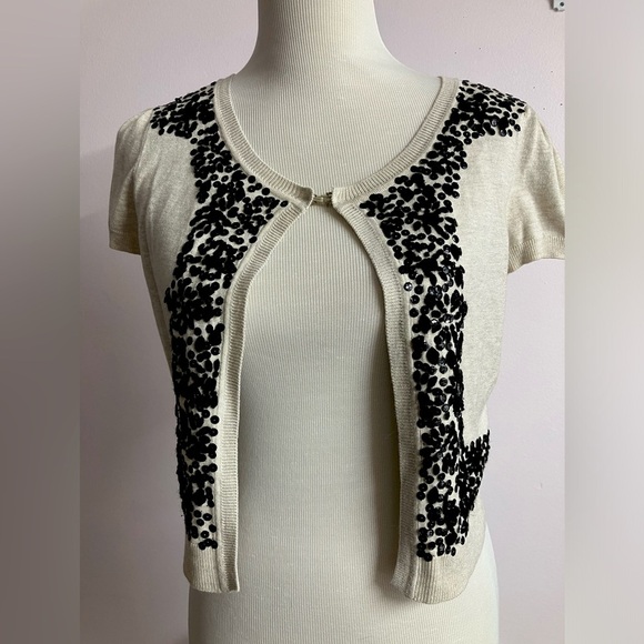 INC Women’s Sweater, Large, Ecru/Black, Sequins, Capped Sleeves, Cropped - Picture 1 of 4